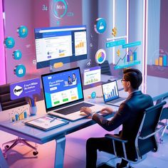 "Digital marketer analyzing SEO, social media ,and website data on multiple computer screens. "