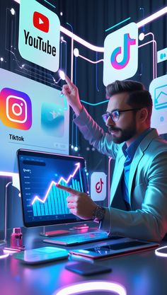 "Digital marketer working with social media platforms like youtube , tiktok, and Instagram on a futuristic screen. "