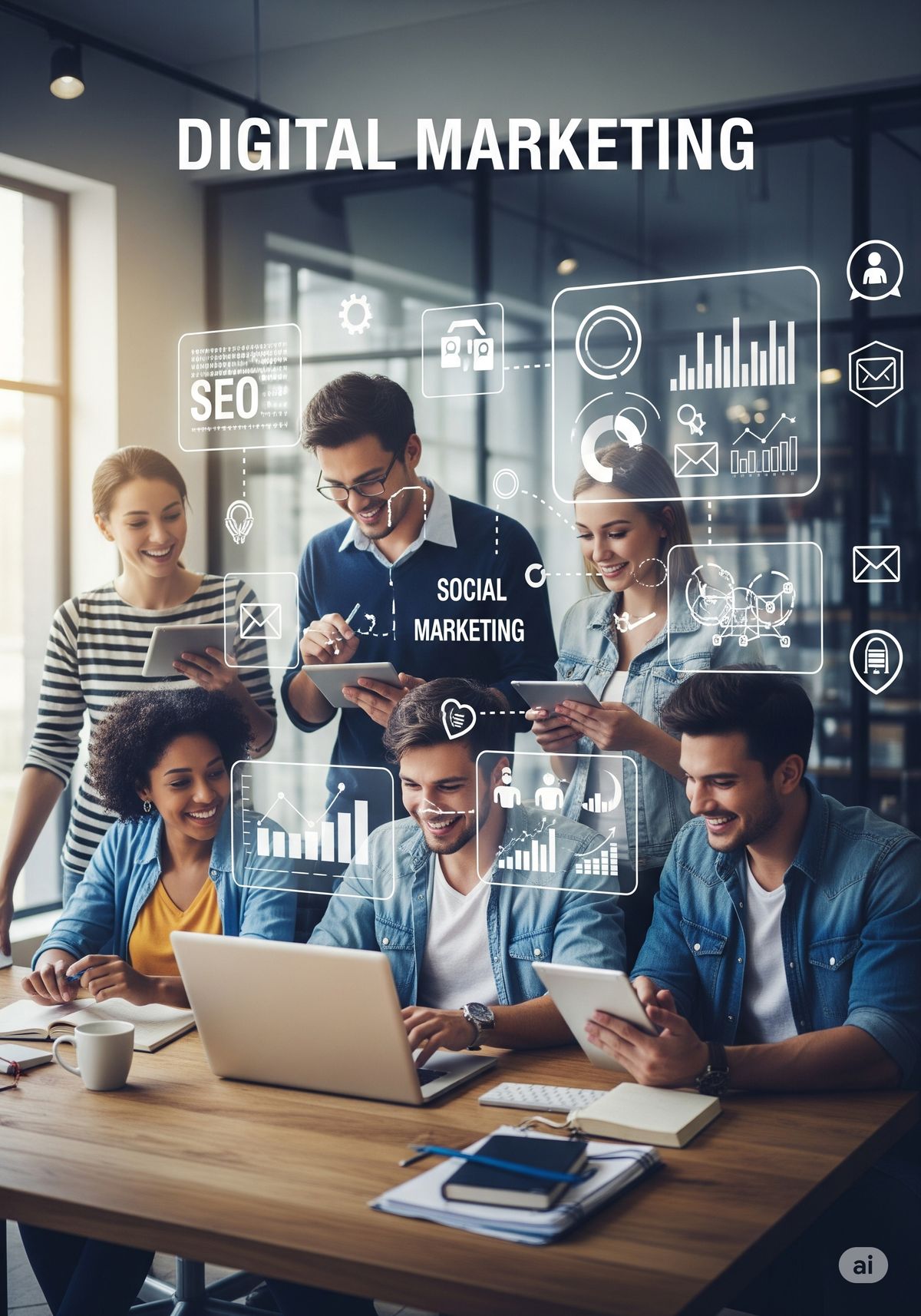 "Team of young professional discussing social media marketing strategies with digital analytics and SEO icons."