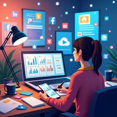 "Women working on digital marketing analytics with multiple computer screens."