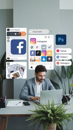 "Business professional working on a laptop with social media and digital marketing icons including Facebook, Instagram, Canva, and Photoshop."